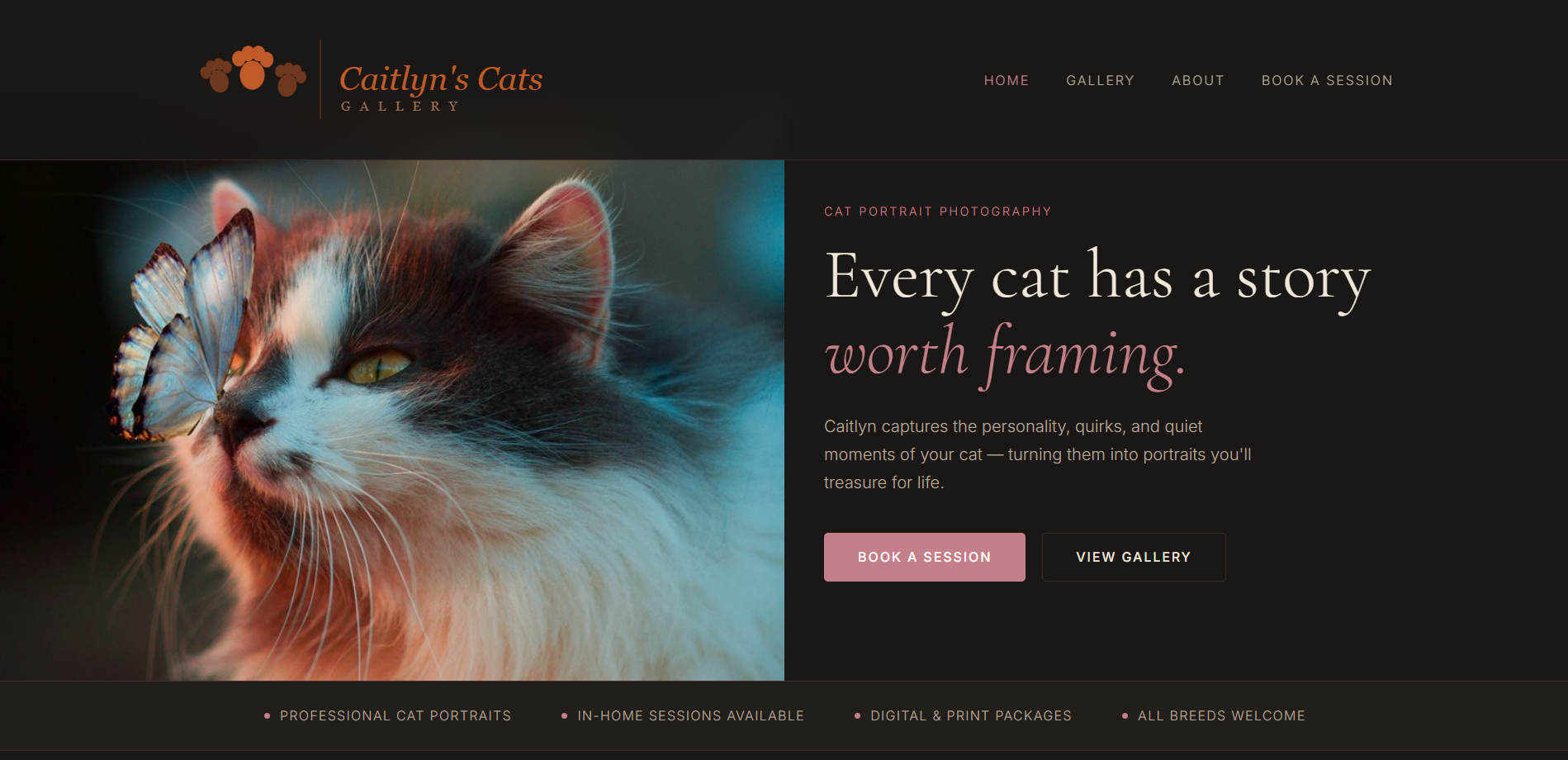 Redesigned Caitlyn's Cats Gallery — a dark editorial photography business site with hero image, clear headline, and Book a Session call to action